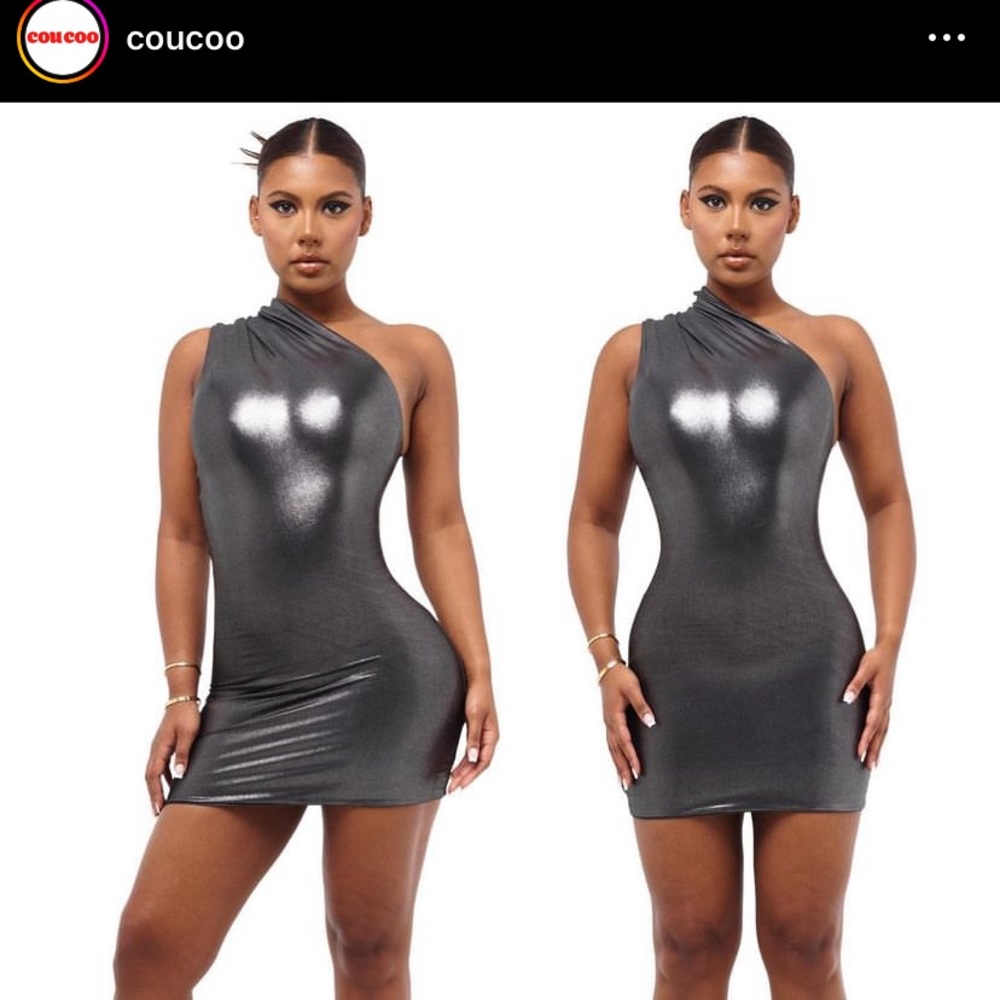 Coucoo Asymmetric mini dress in Glacier Grey.